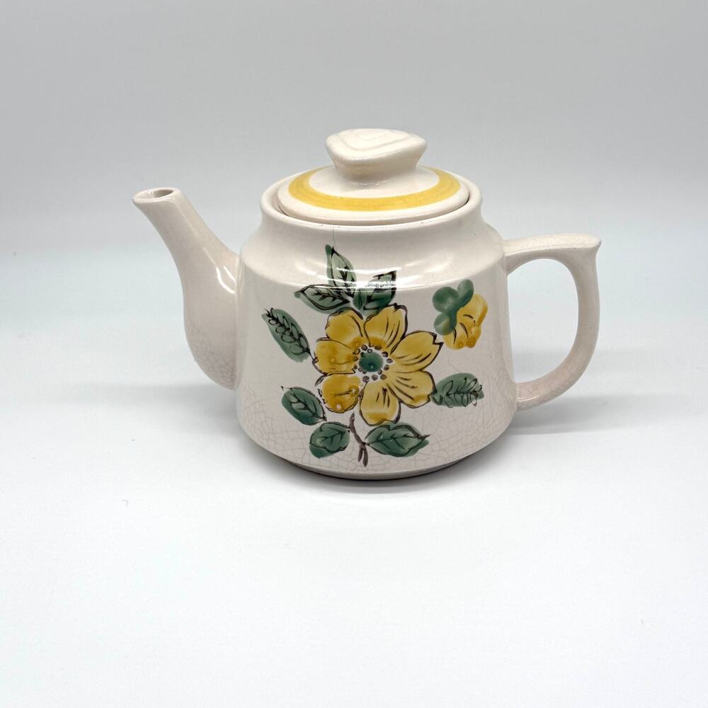 Vintage 1960s 70s Japan Ceramic Teapot Yellow Floral Crackle Glaze Hand Painted